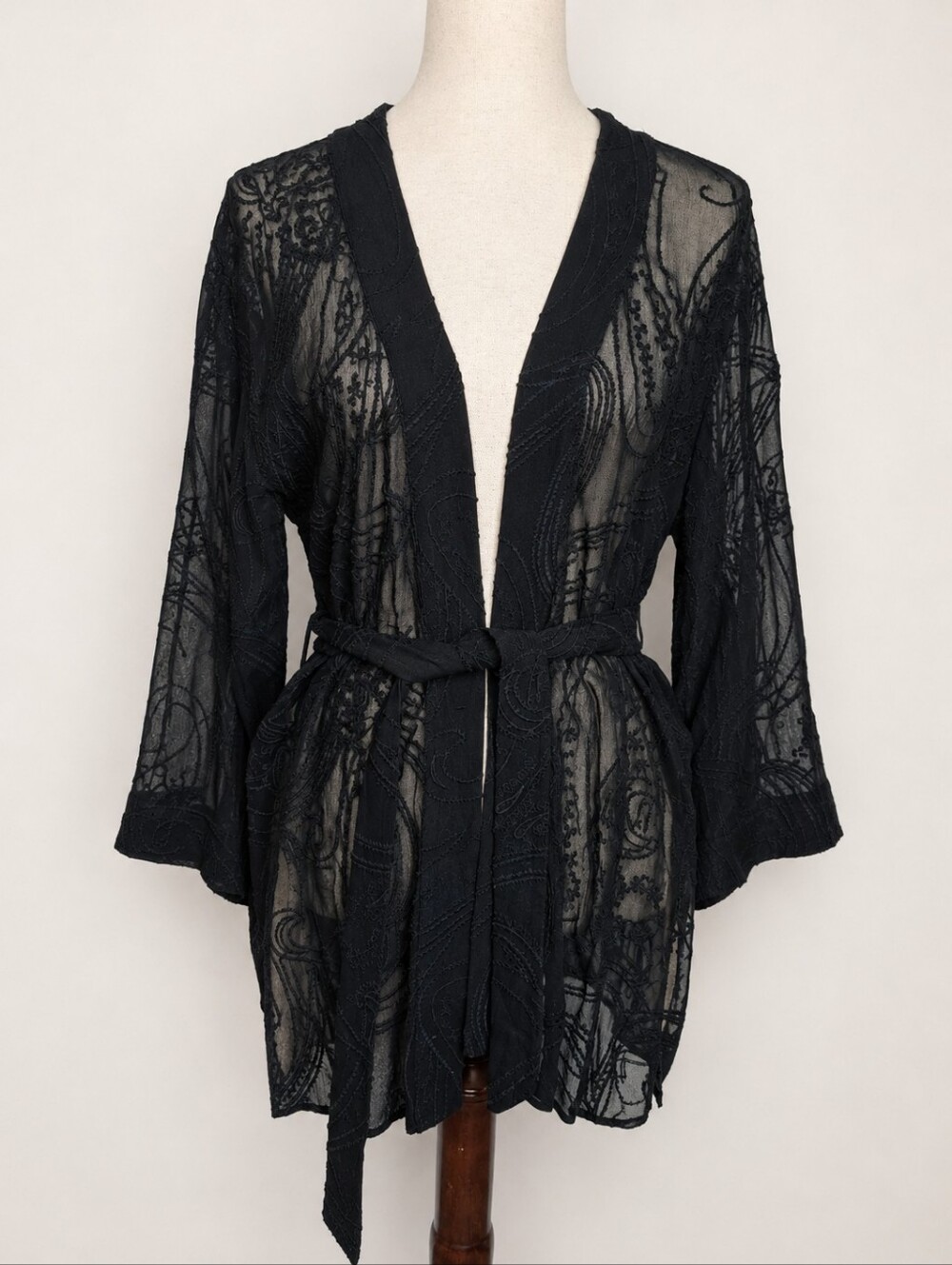 All Saints Carina Ossia Embroidered Tie Waist Wrap Kimono Sheer Black Size 2 - Picture 1 of 8